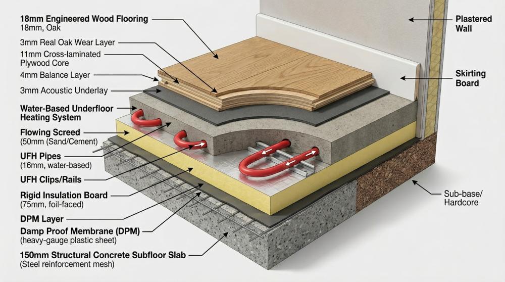Cross-section of 18mm engineered wood flooring over underlay and water-based underfloor heating.