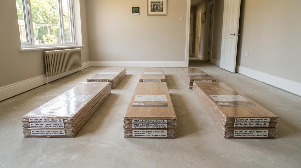 Engineered wood flooring packs laid flat in a room for acclimatisation before installation