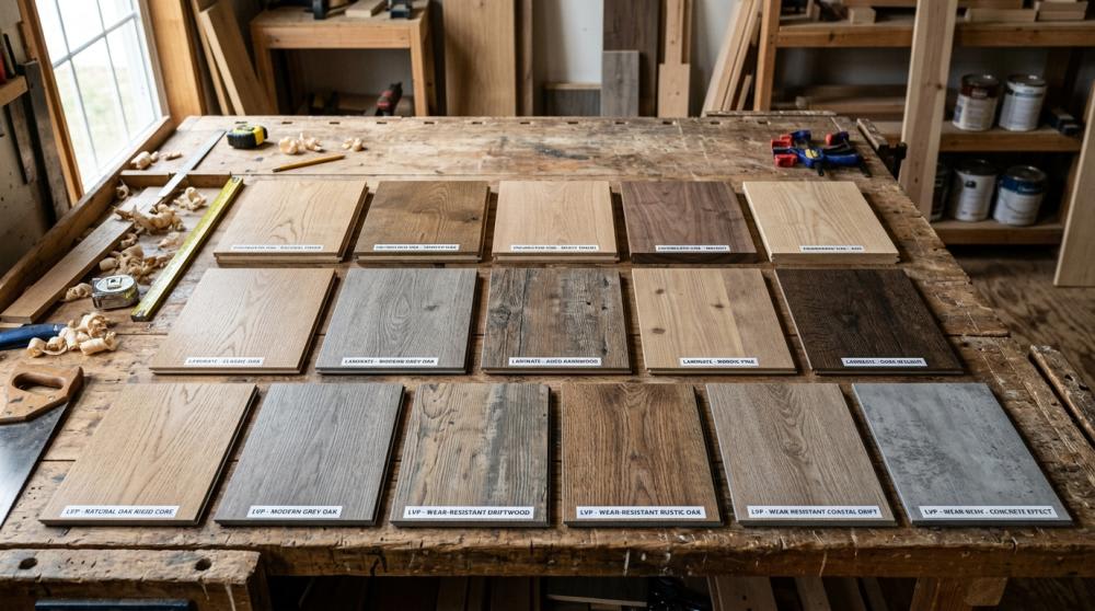 A selection of flooring samples including engineered wood, laminate, and luxury vinyl planks arranged neatly on a workbench. The textures and colours highlight natural oak tones and modern finishes.