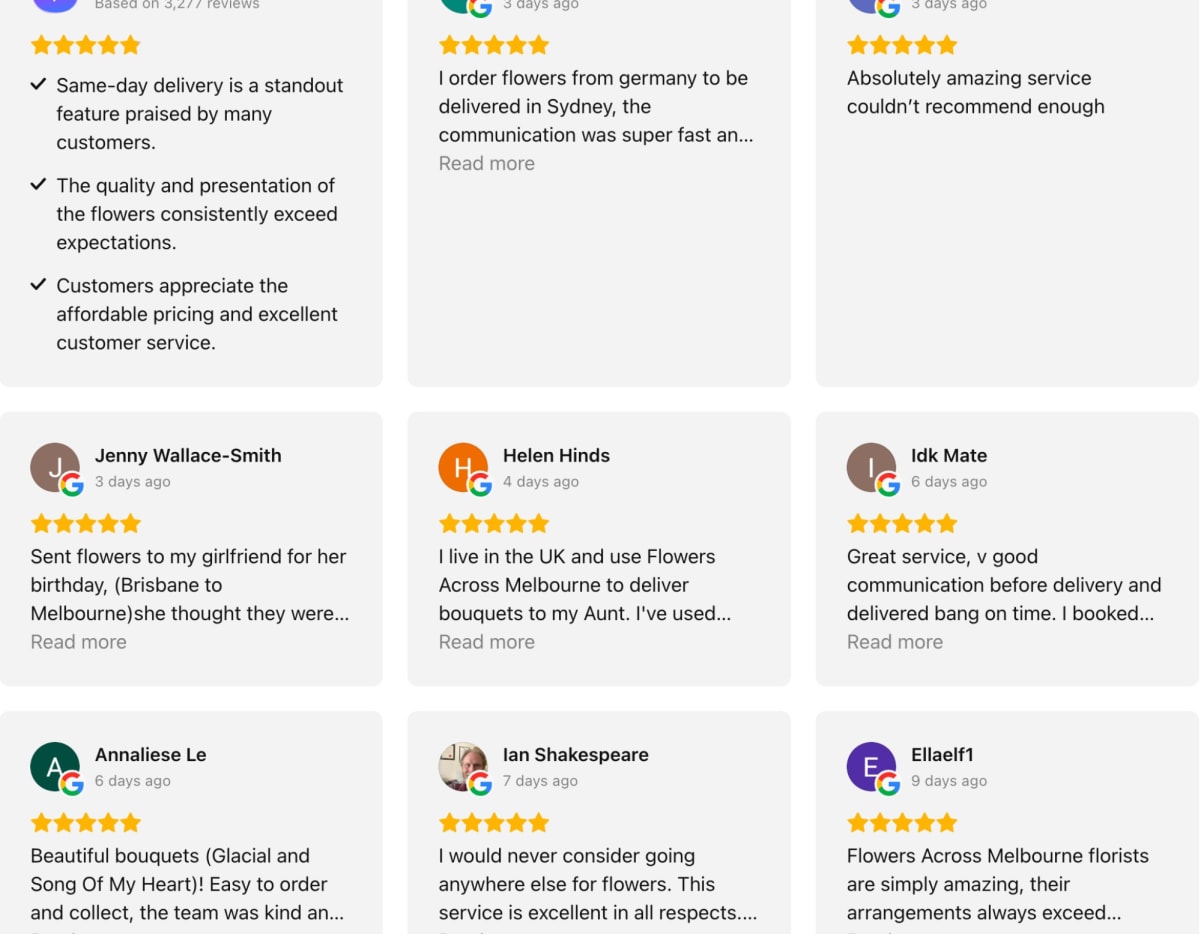 5-star customer reviews and ratings for Flowers Across Melbourne