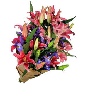 Pinks And Blues Lilies And Iris Bouquet - Standard
