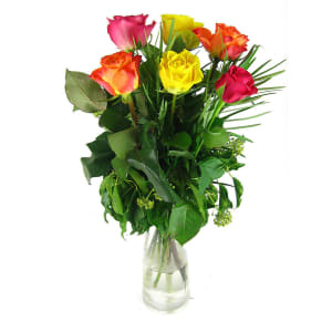Mixed Bright Rose Glass Vase - 6 Roses (Half Dozen)