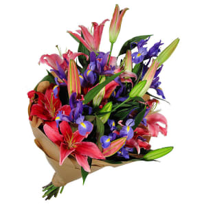 Pinks And Blues Lilies And Iris Bouquet - Standard