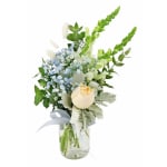 Snowy Sky Blue, White & Peach Rose Vase Arrangement - Deluxe