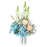 Snowy Sky Blue, White & Peach Rose Vase Arrangement - Deluxe
