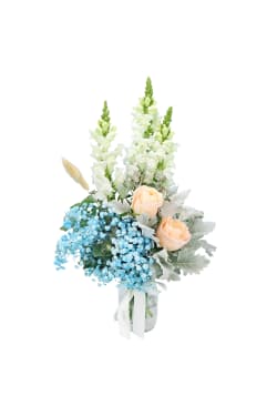Snowy Sky Blue, White & Peach Rose Vase Arrangement