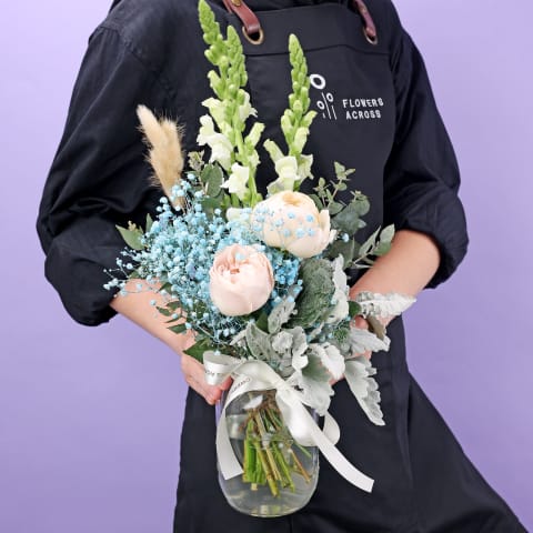 Snowy Sky Blue, White & Peach Rose Vase Arrangement - Deluxe 2