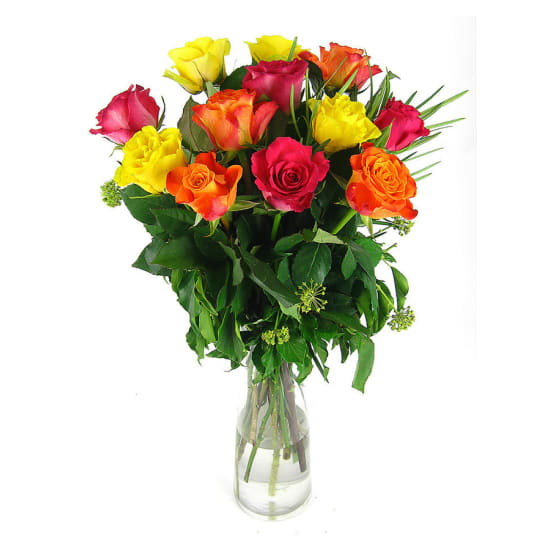 Mixed Bright Rose Glass Vase - 12 Roses (One Dozen)