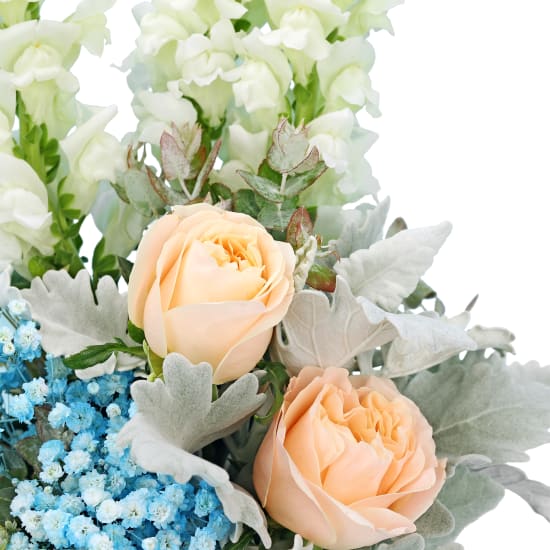Snowy Sky Blue, White & Peach Rose Vase Arrangement - Deluxe