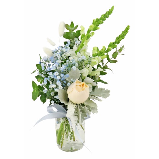 Snowy Sky Blue, White & Peach Rose Vase Arrangement - Standard