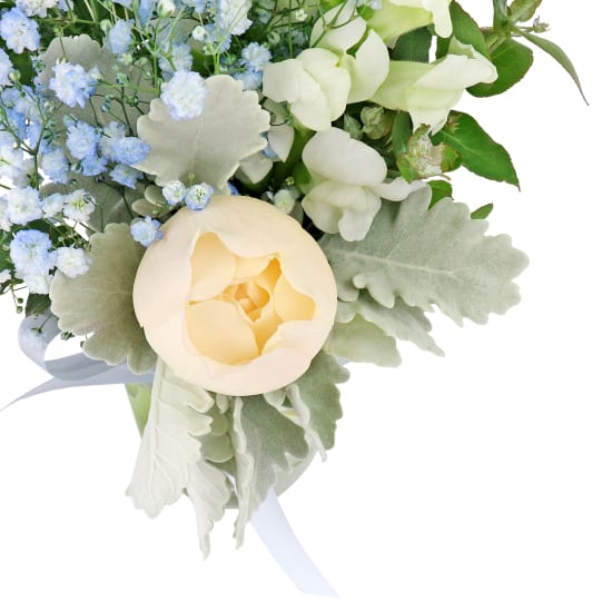 Snowy Sky Blue, White & Peach Rose Vase Arrangement - Standard