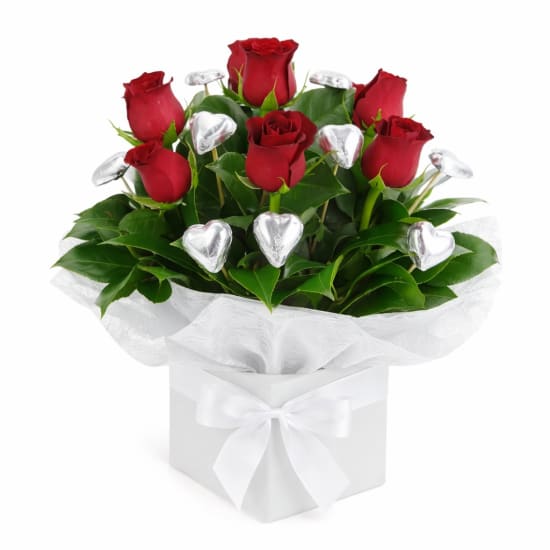 Roses & Silver Chocolate Heart Box - Standard