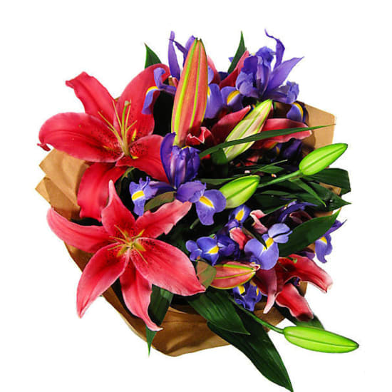 Pinks And Blues Lilies And Iris Bouquet  - Standard