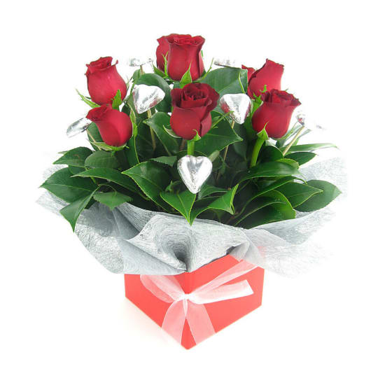 Roses & Silver Chocolate Heart Box - Standard