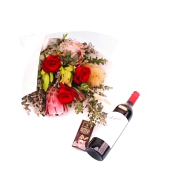 Wildflower Romance – Flowers, Red Wine & Chocolate Gift Set