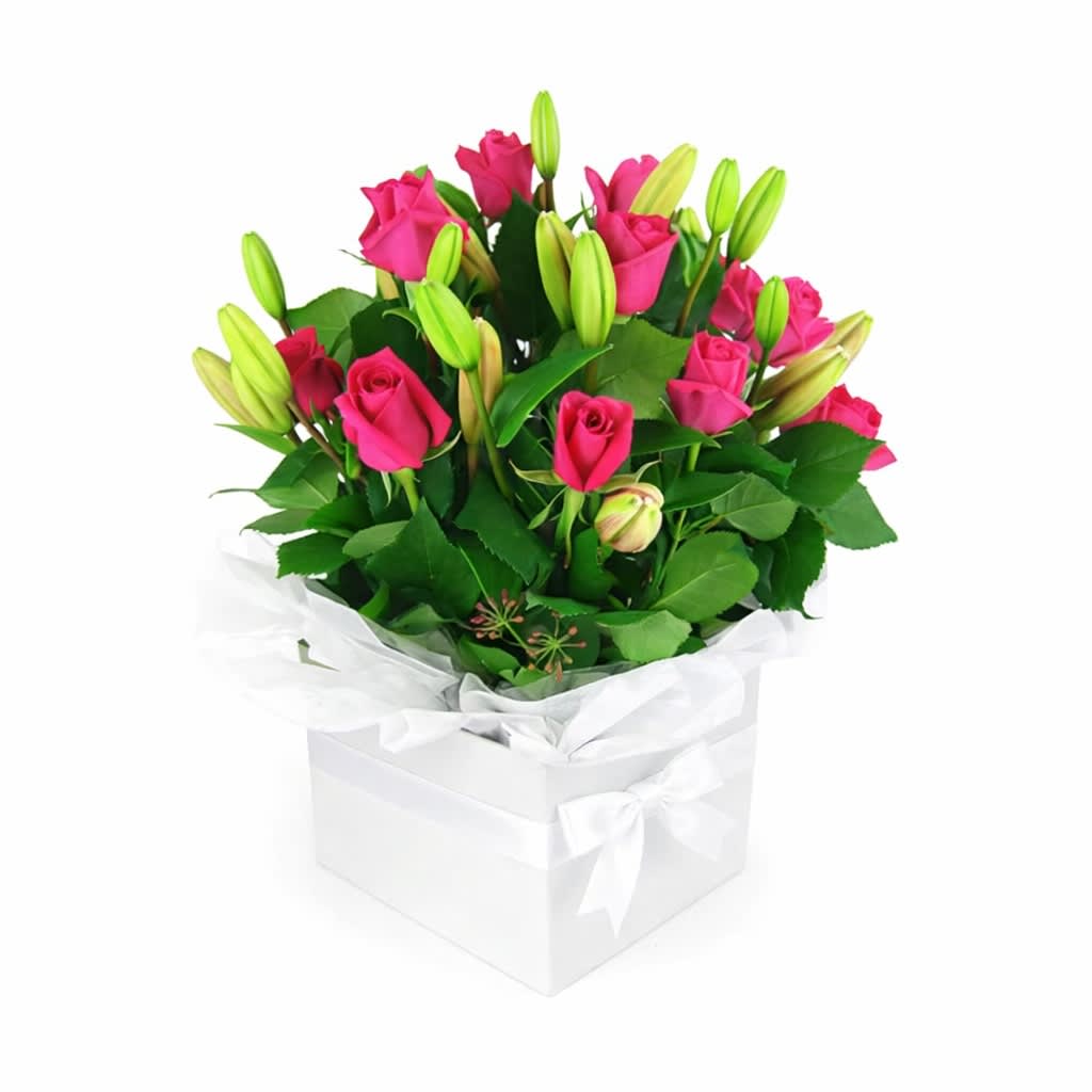 Plush Roses & Lilies Flower Box