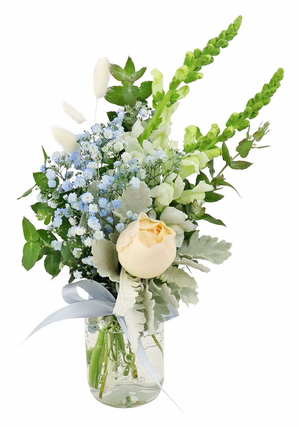 Snowy Sky Blue, White & Peach Rose Vase Arrangement