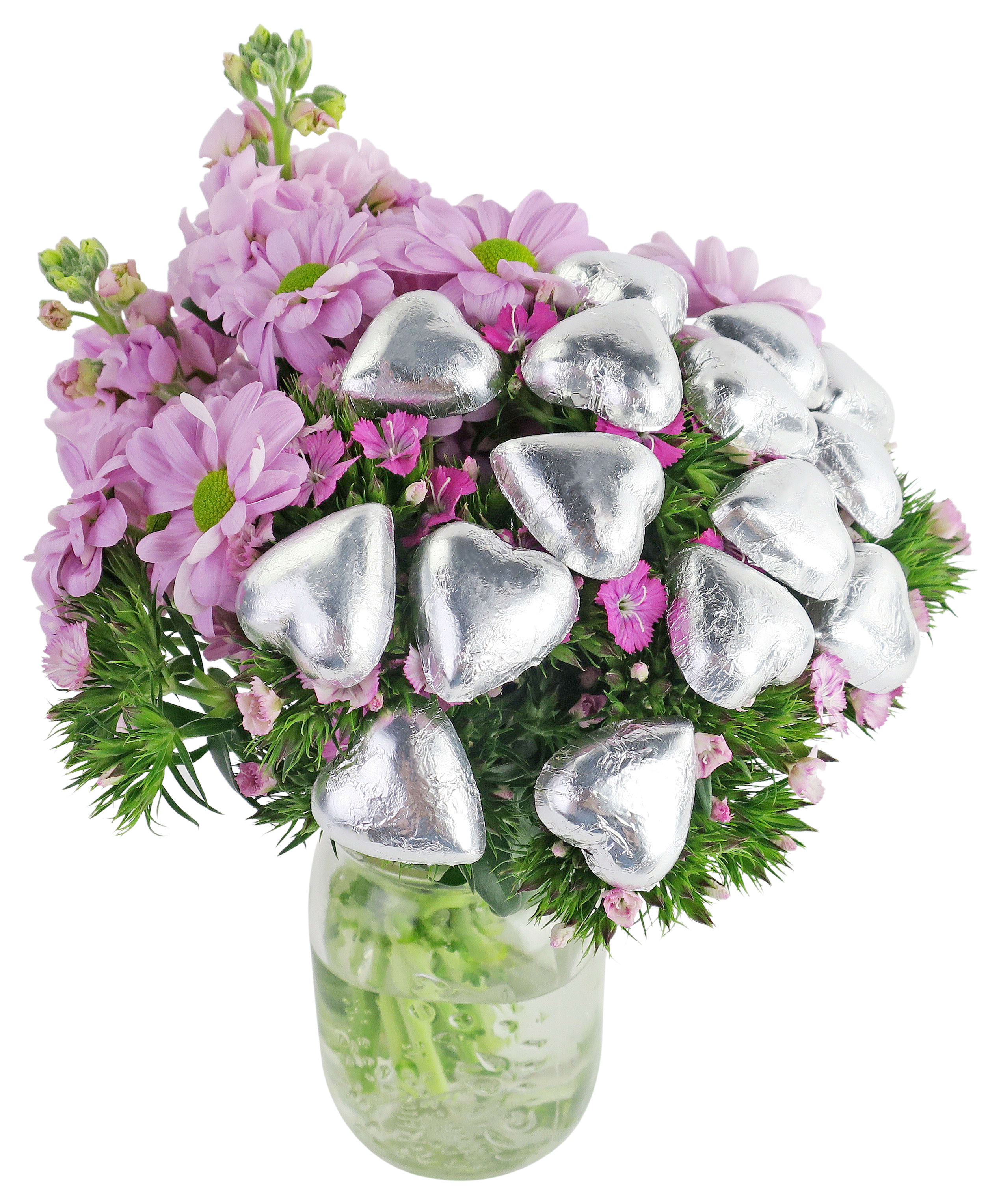 Full Of Sweet Love Flower Vase With Silver Heart Picks