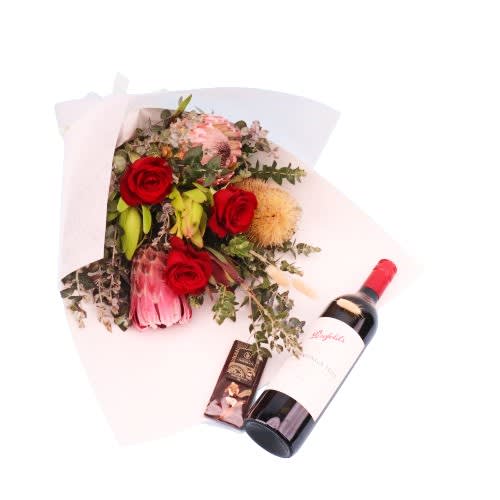 Wildflower Romance – Flowers, Red Wine & Chocolate Gift Set