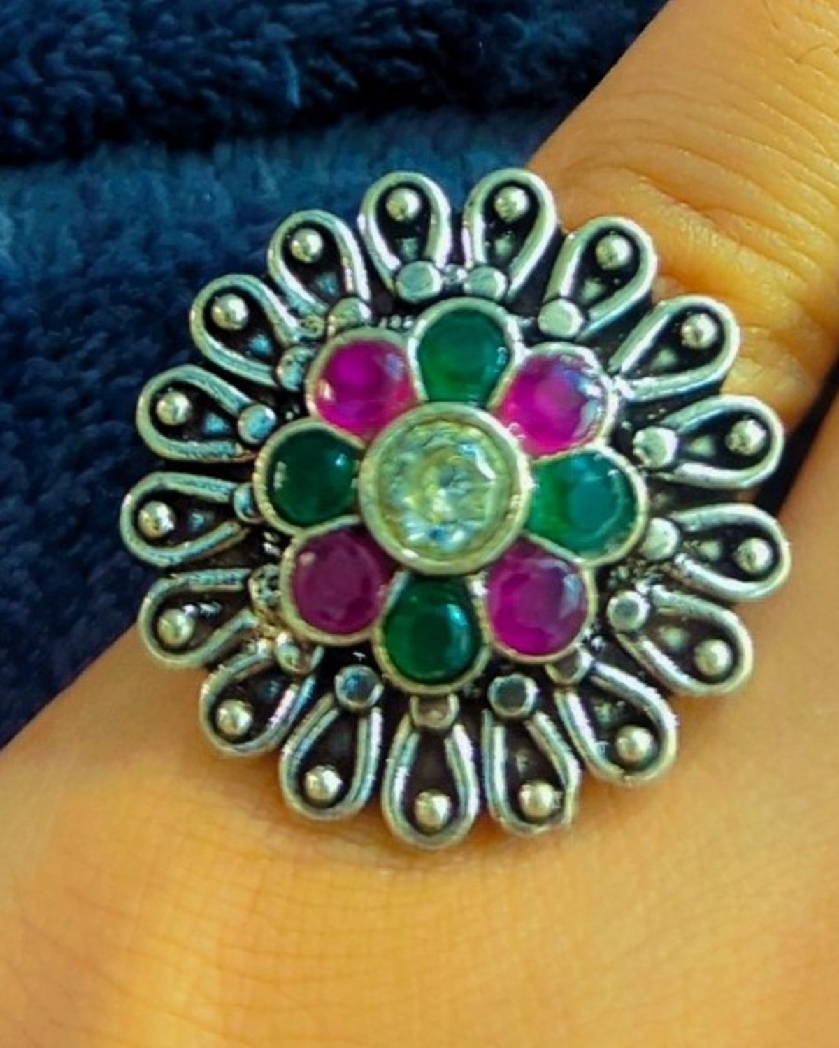 🌺 Emerald & Ruby Petal Ring – 925 Silver Rings