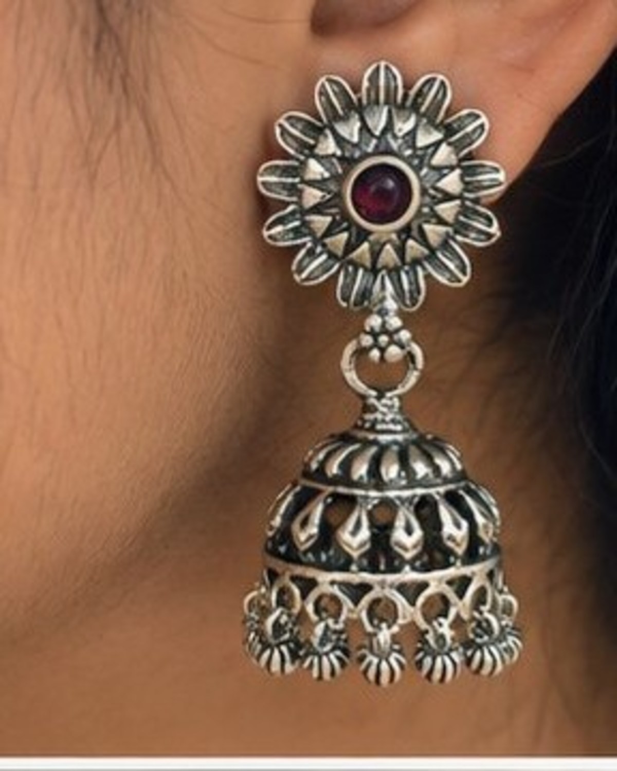 Ruby Sunflower Jhumki 🌸 – 925 Silver Earrings