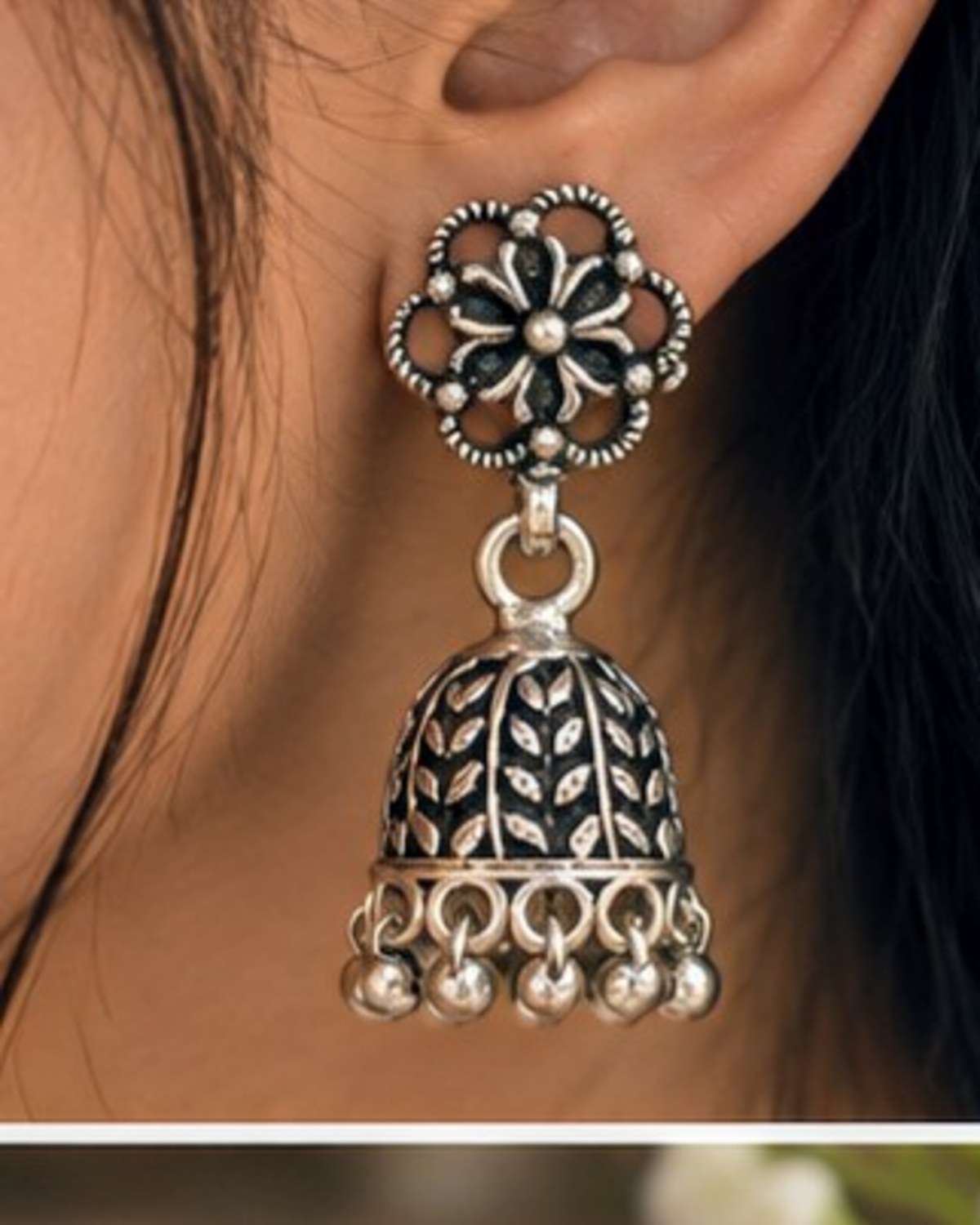 Floral Leaf Jhumki 🌿 – 925 Silver Earrings