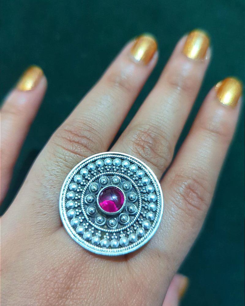 Oxidised red stone ring