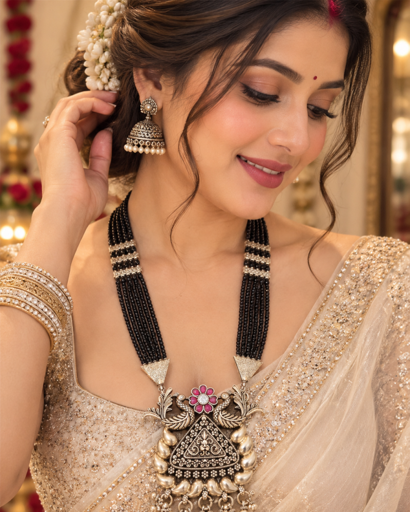 Rajwada Peacock Black Bead Necklace