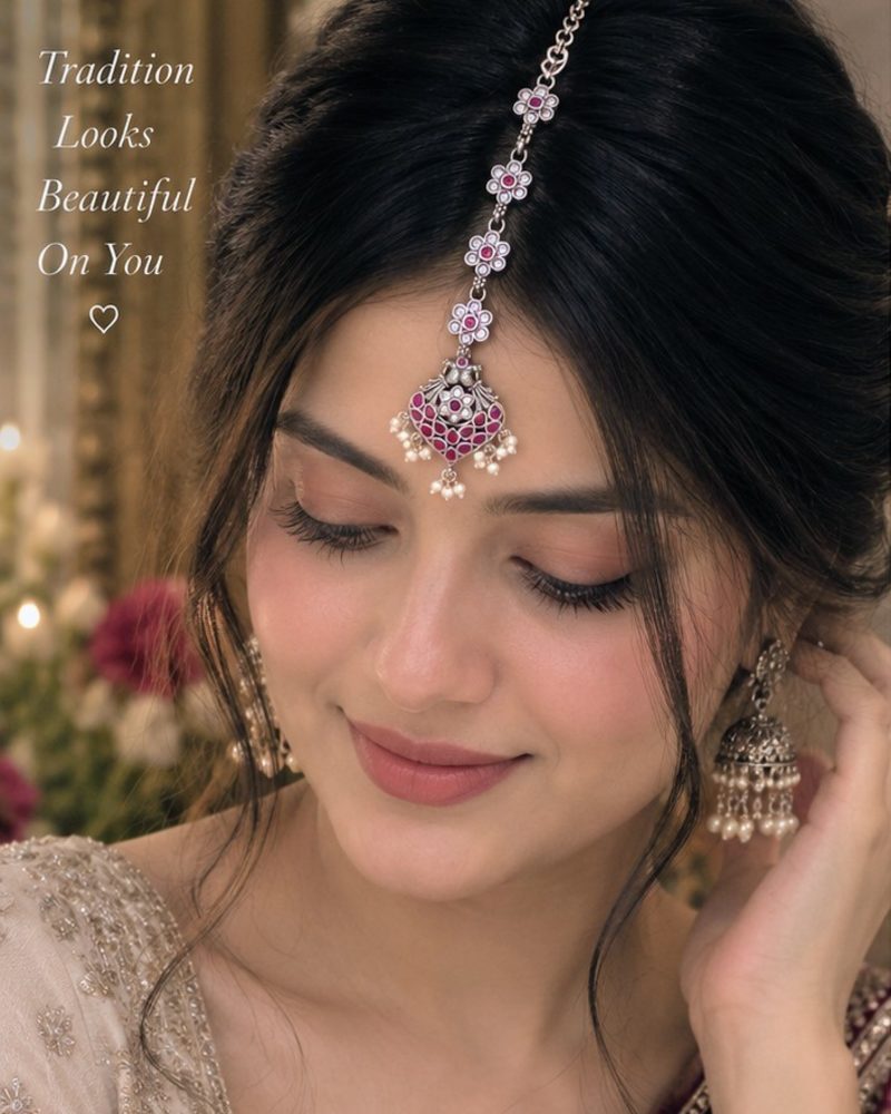 Royal Ruby Peacock Maang Tikka 🦚✨ – 925 silver jewellery