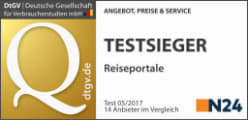 N24 Testsieger Reiseportale 2017, ausgezeichnet für Angebot, Preise und Service