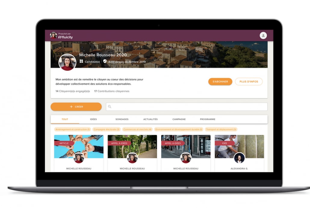 Visuel de la plateforme de l'offre candidat de Fluicity pour les elections municipales 2020