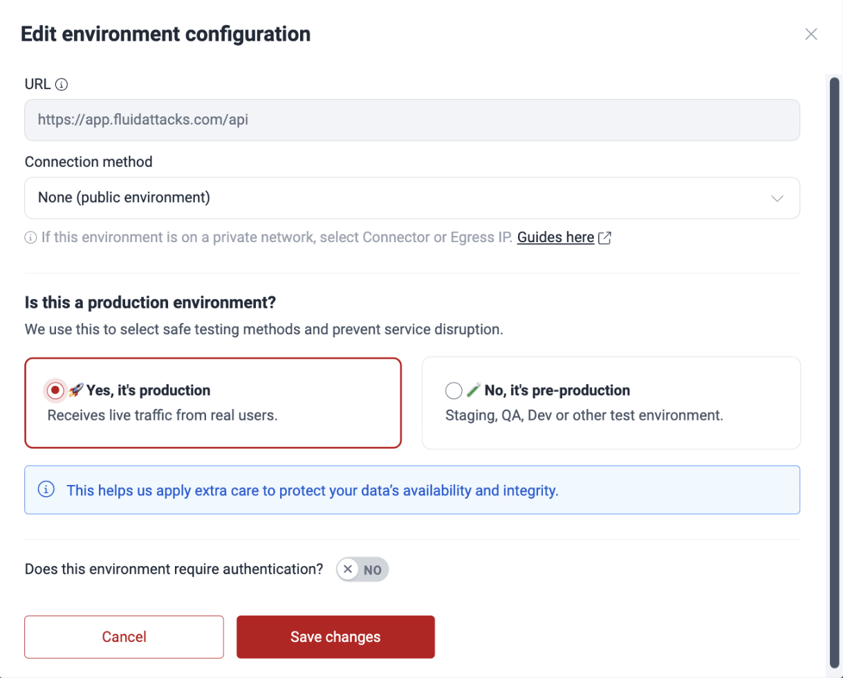 Edit production environment on the Fluid Attacks platform