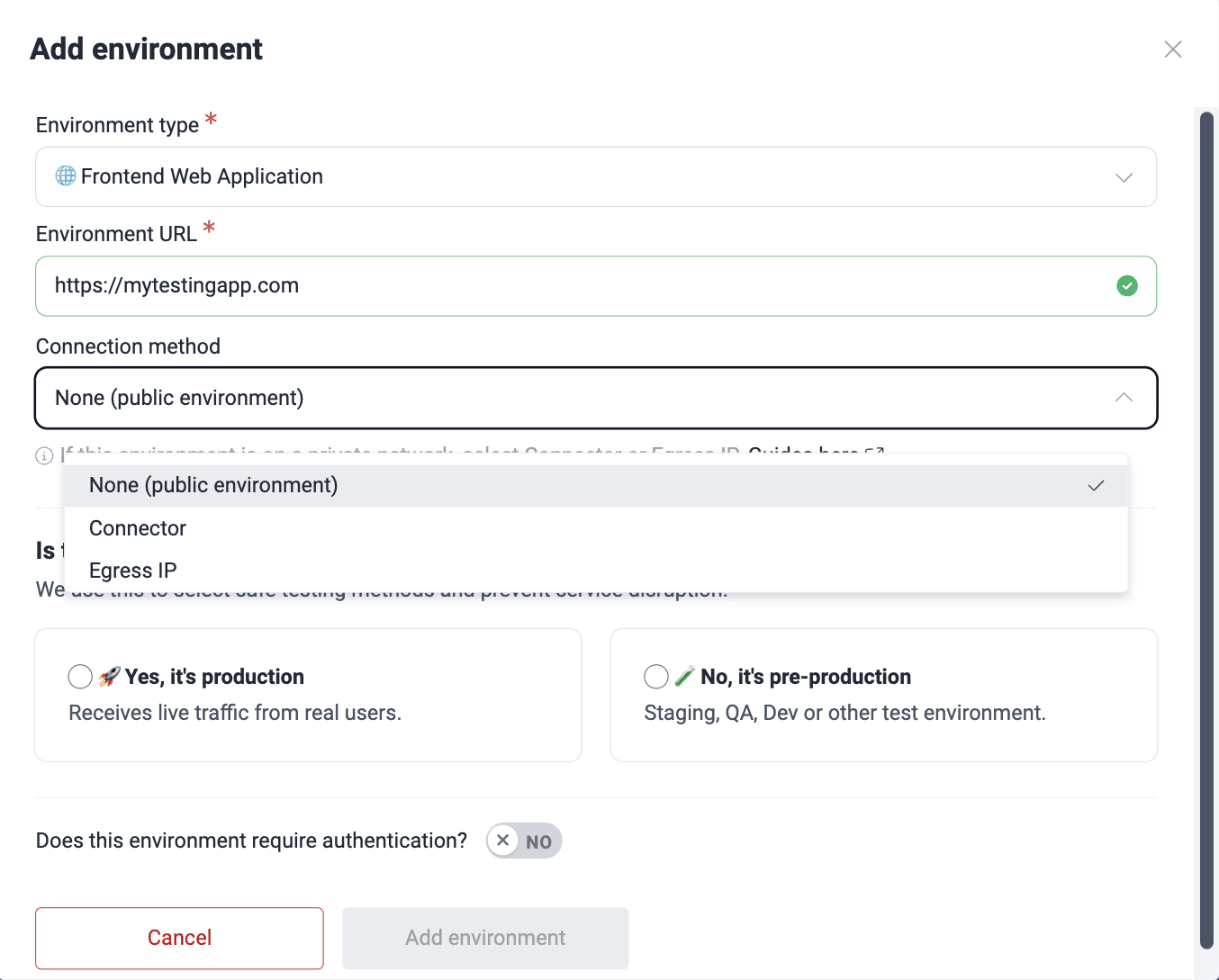 Specify connection to environment on the Fluid Attacks platform