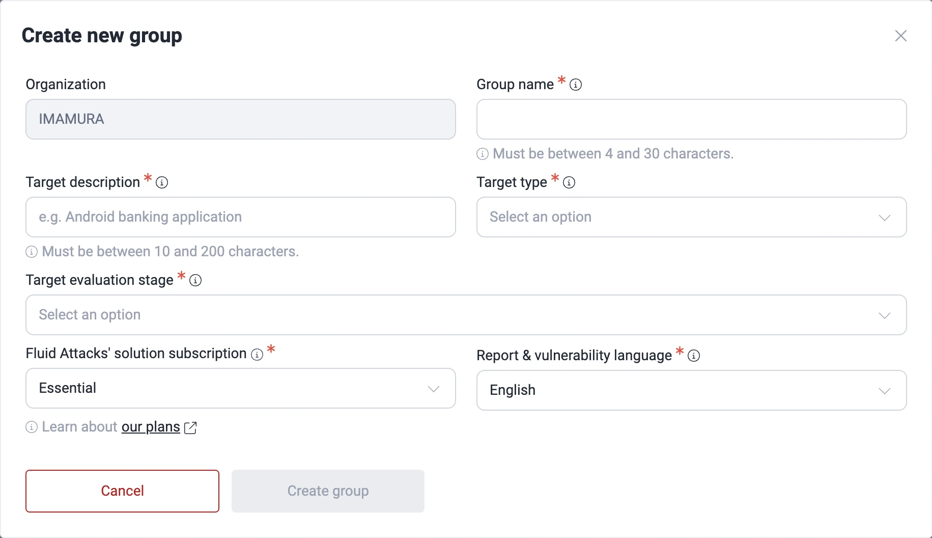 Create a new group within the Fluid Attacks platform