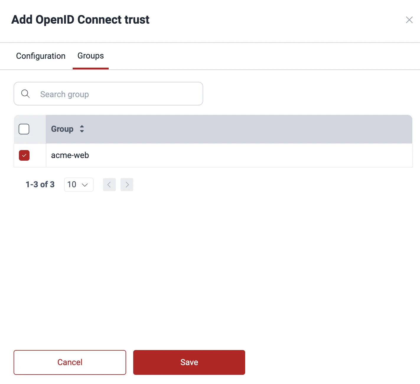 The Add trust Groups tab with a group selected for enablement