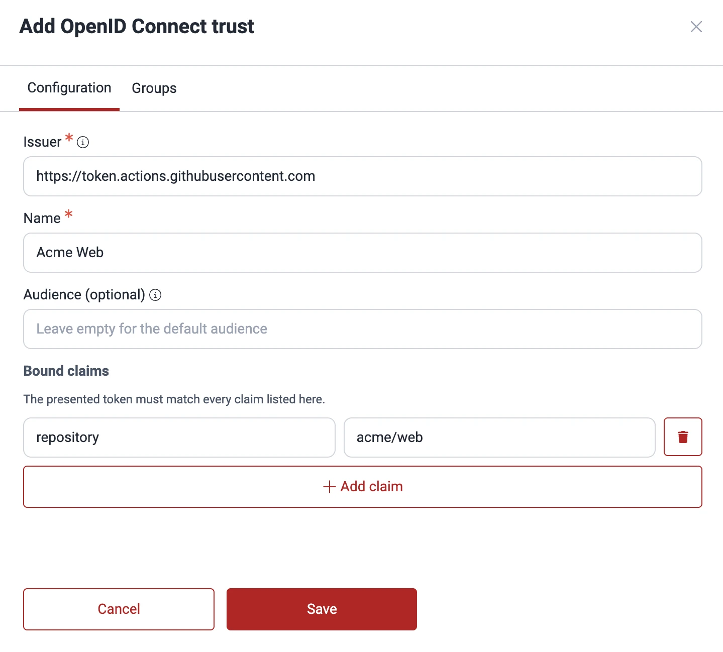 The Add trust configuration form pre-filled with the GitHub Actions template