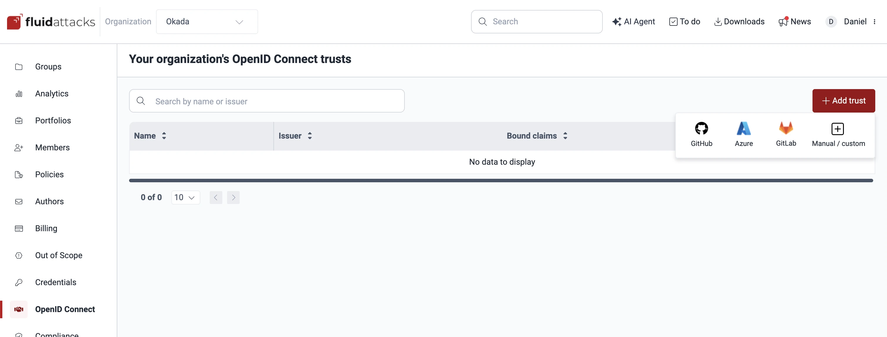 The Add trust provider picker showing GitHub, Azure, GitLab, and Manual options