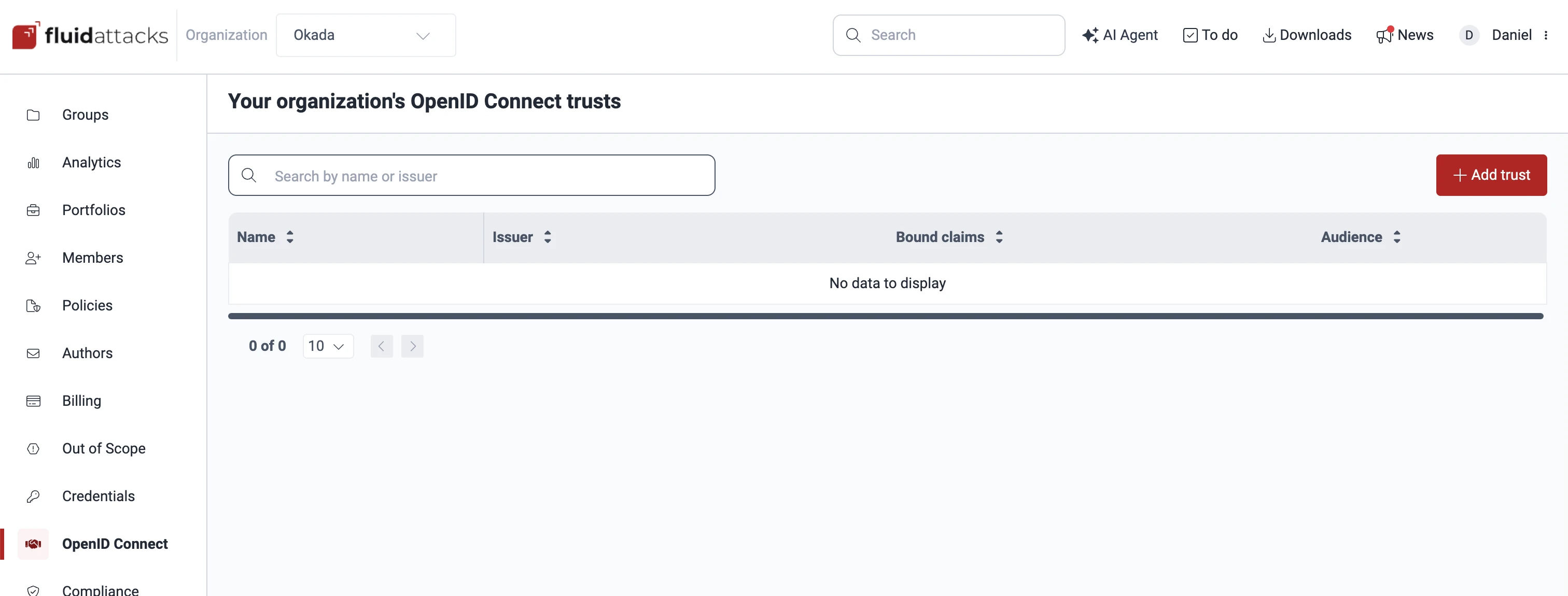 The organization's OpenID Connect trusts page with the Add trust button
