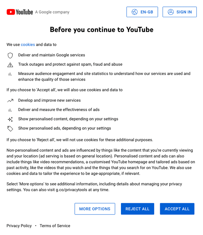 New cookie banner on YouTube