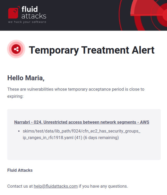 Temporary alert report