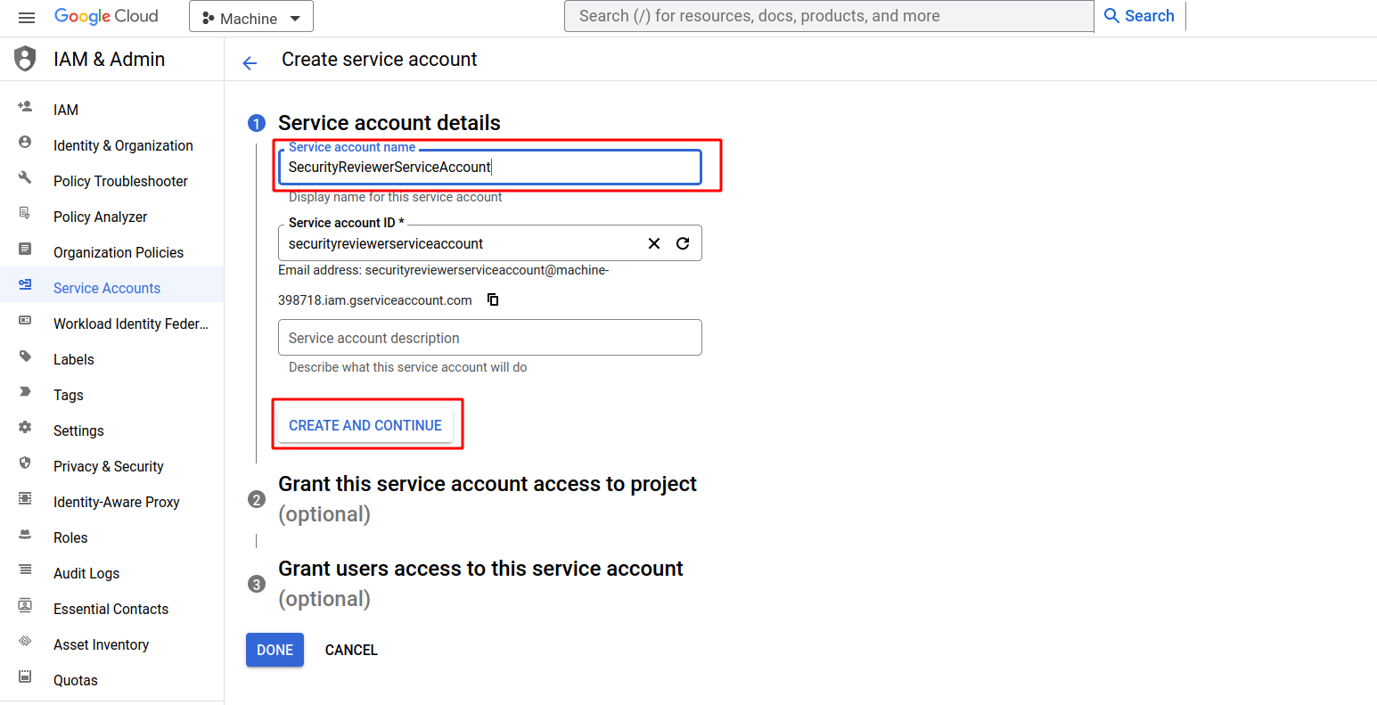 GCP naming service account