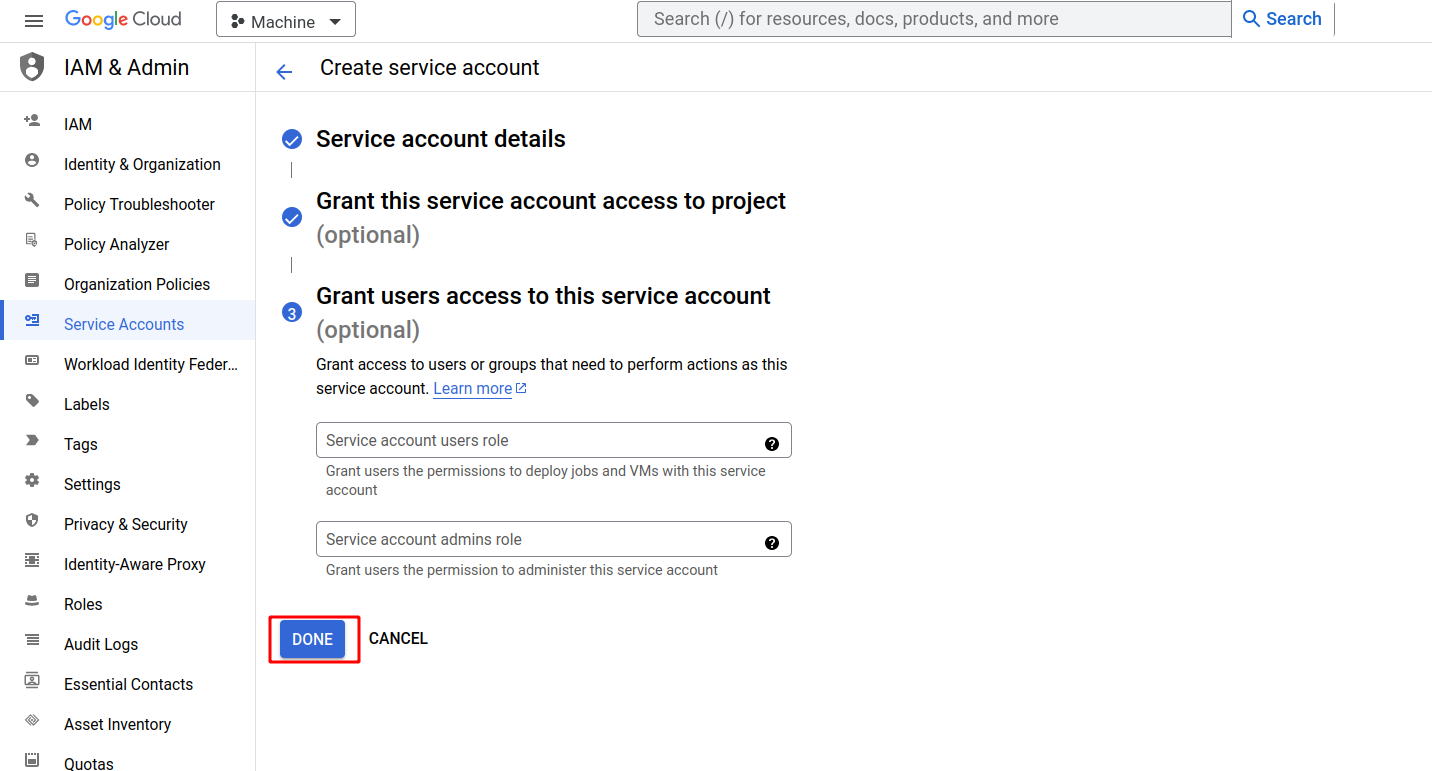 GCP service account creation done