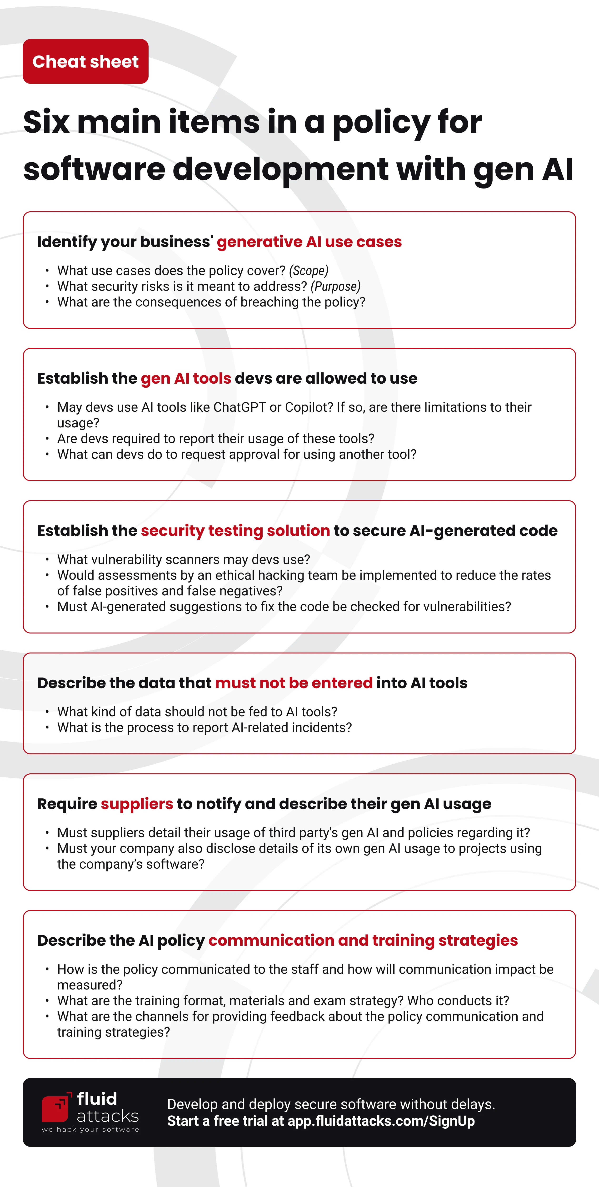 "Cheat sheet Fluid Attacks - Gen AI policy for secure software development"