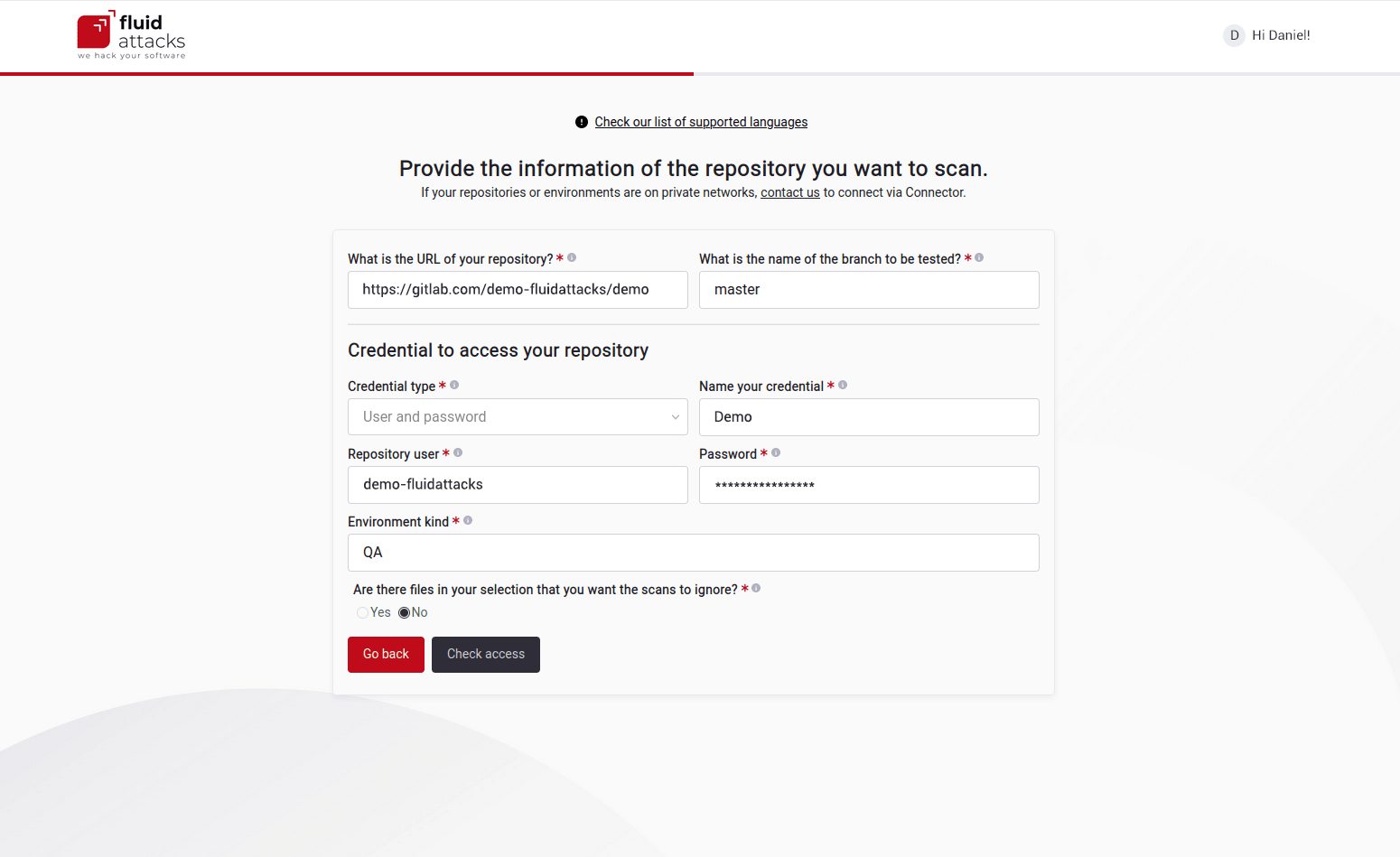 Check access to repository signing up to Fluid Attacks