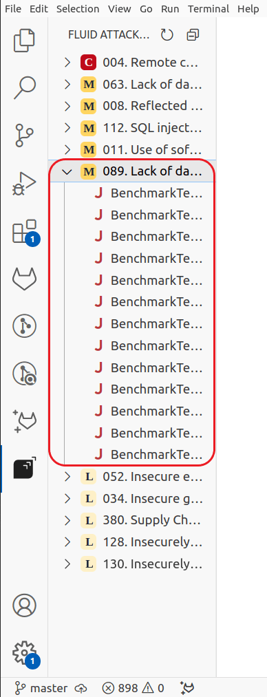Select the vulnerability type to fix on the Fluid Attacks extension