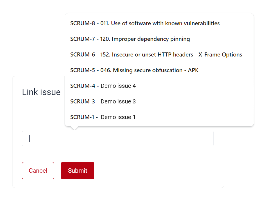 Select the Jira issue to link with the vulnerability found by Fluid Attacks