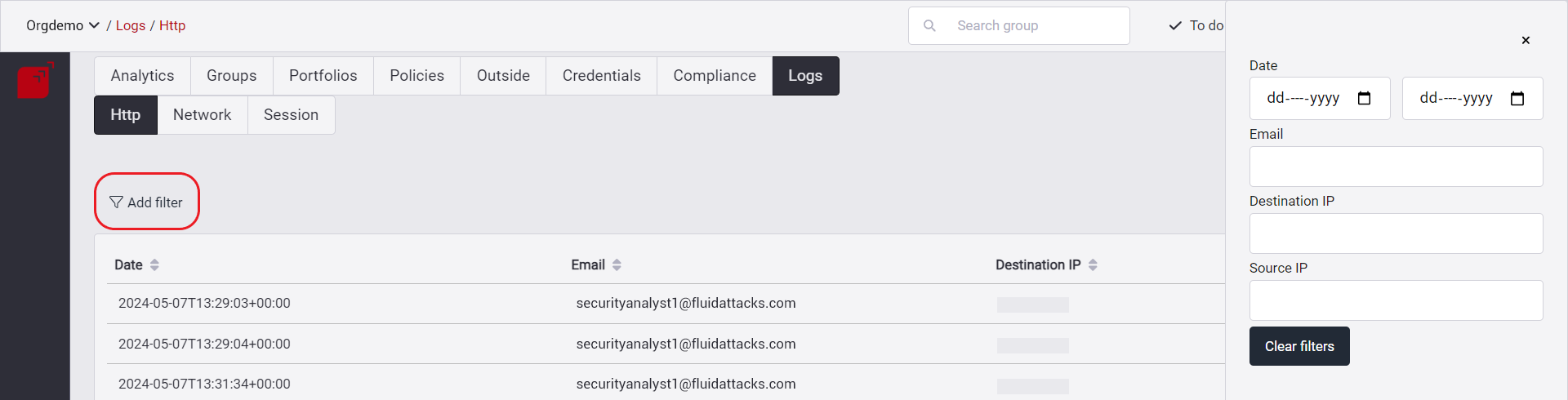 Filter logs on the Fluid Attacks platform