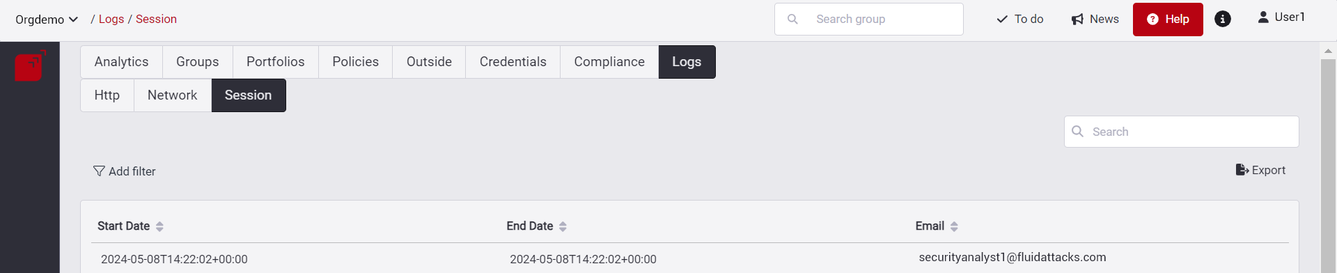 View session logs on the Fluid Attacks platform