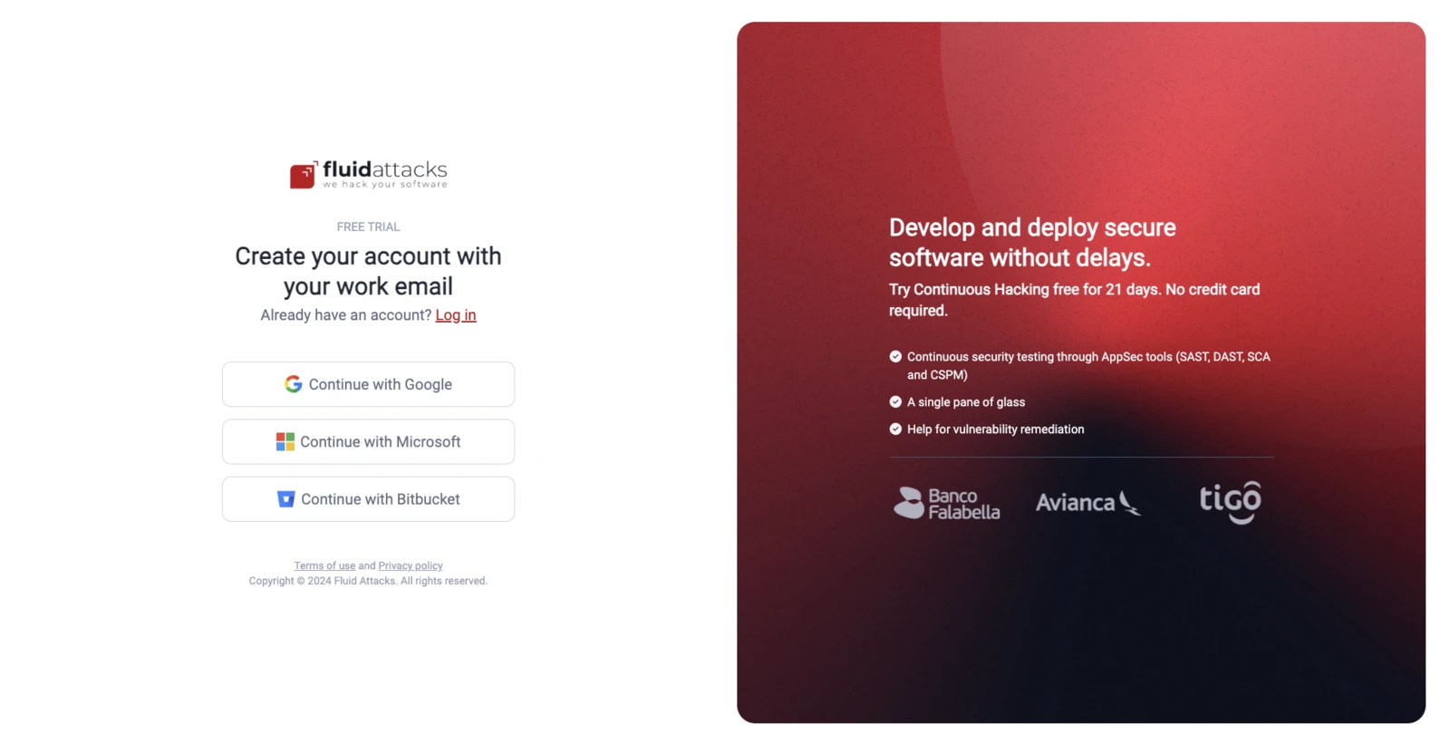 Options to sign up on Fluid Attacks platform