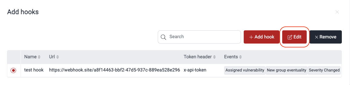 Select a webhook to edit on the Fluid Attacks platform